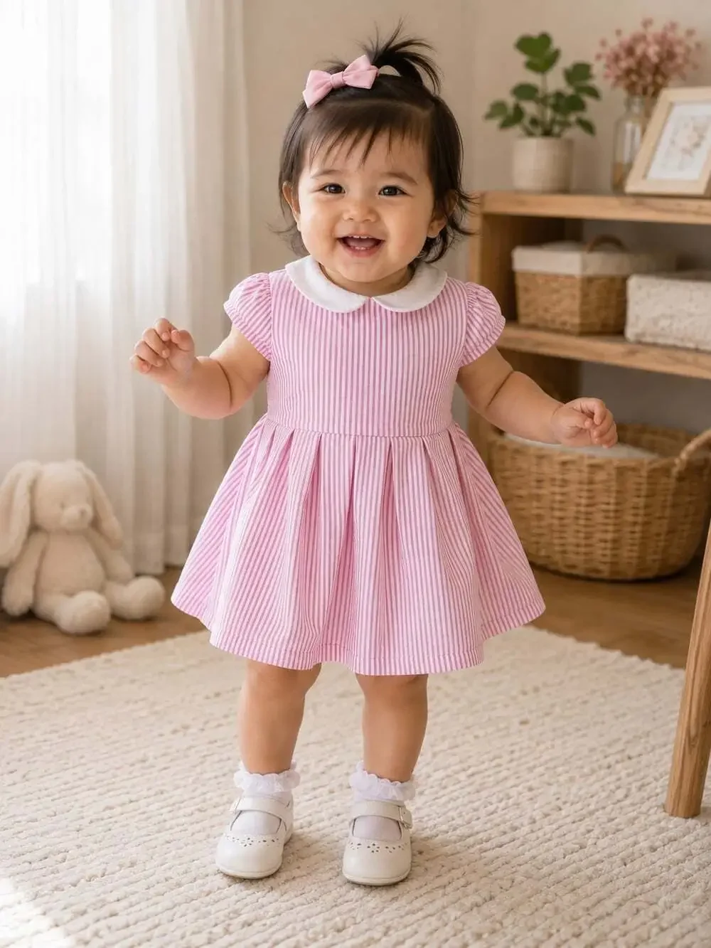 Ralph Lauren Baby Girls Pink Seersucker Dress & Bloomers Set 12M Peter Pan